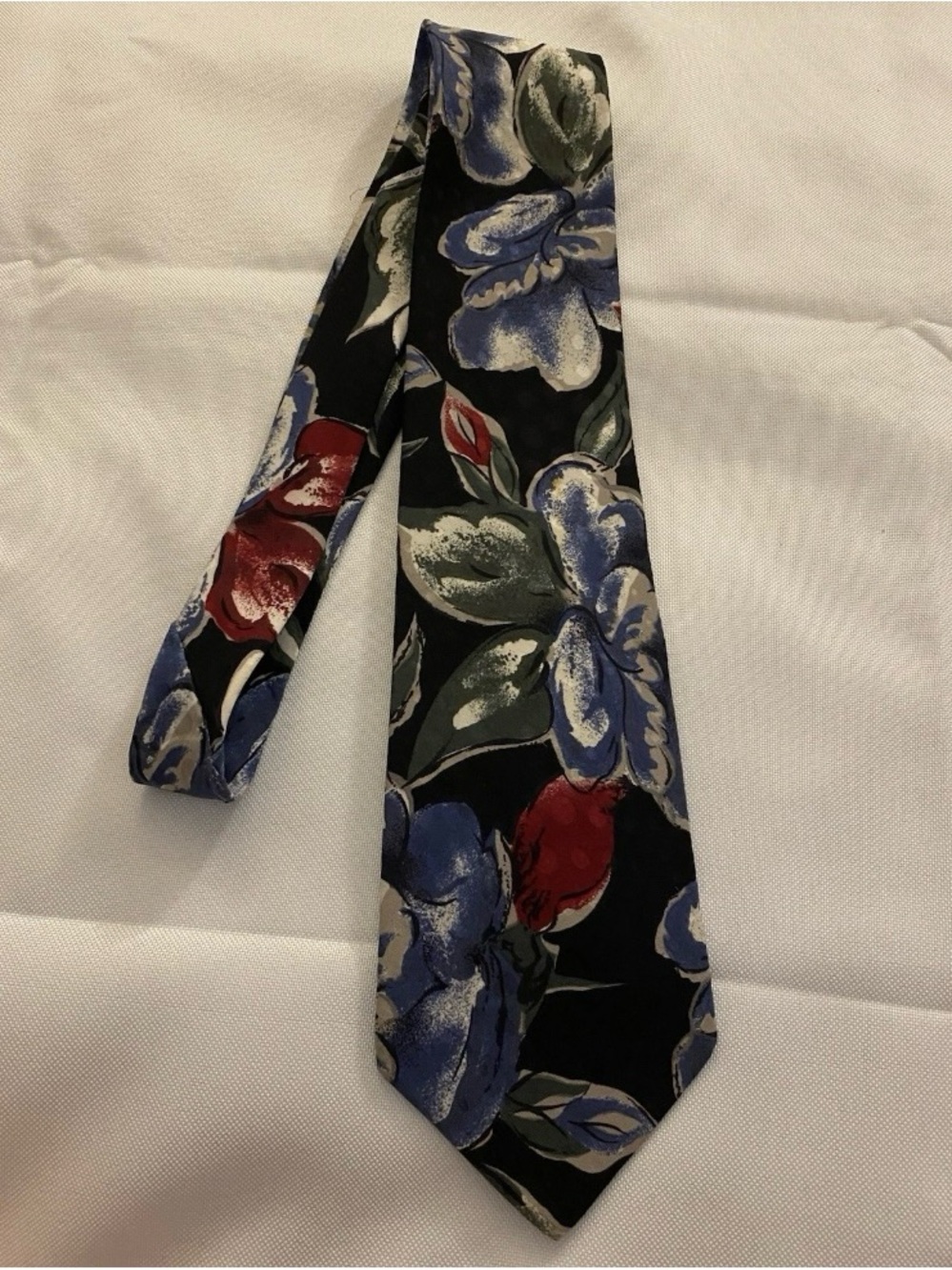 Oleg Cassini Black Tie with Blue, Red & Green Floral Pattern